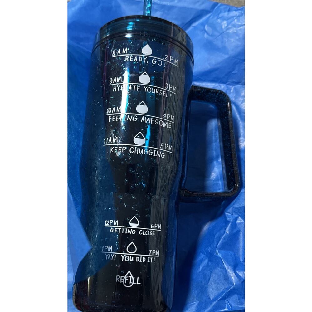 Main Stays 30oz Hydration Tracker Tumbler Blue Glitter Straw Cup with Handle